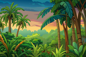 Fototapeta premium Dense Tropical Rainforest in day light vector cartoon