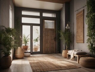 Fototapeta premium Boho style interior design of modern entrance hall with door.