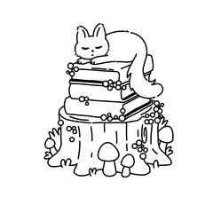 Cat sleeping with books line art outline illustration 