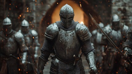 Powerful Knights in Heavy Armor Attacking Dungeon