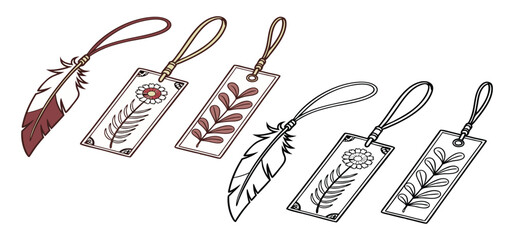 Adorable bookmarks with floral and feather designs in different color variations and outlines for creative projects