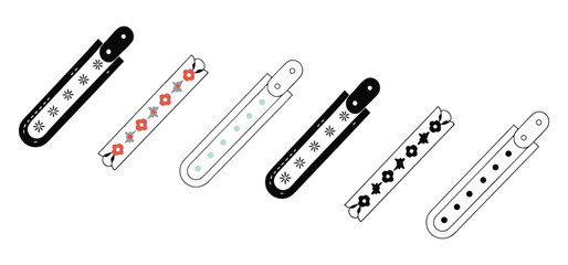 Artistic illustration of six different stylized decorative tubes or containers in black and white with floral details
