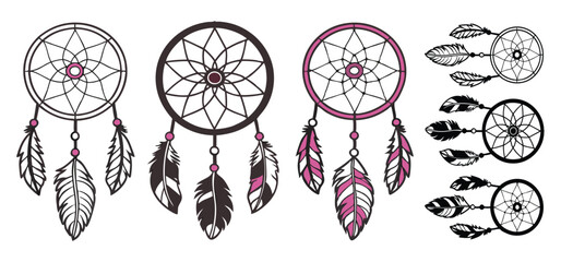 Artistic vector illustration showcases a diverse collection of elegant dream catcher designs with decorative feathers.