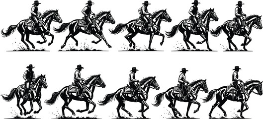 cowboy, horse, rider, gallop, silhouette, western, ranch, rodeo, animal, motion, illustration, graphic, equestrian, action, countryside, man, vector, cowboy hat, wild, west, horseback, black,