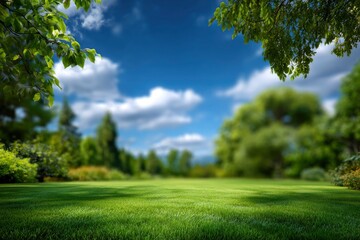 Obraz premium Green lawn framed by foliage under a blue cloudy sky