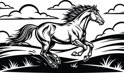 Running, horse, wild, stallion, vector, illustration, black, white, nature, landscape, field, dynamic, freedom, equine, motion, strong, animal, sketch,