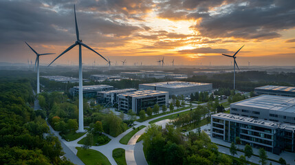 Aerial view of wind turbines and industrial park at sunset