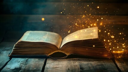 Enchanting Old Book Illuminated by Magical Lights on Vintage Table