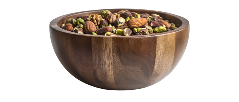 A wooden bowl full of healthy assorted nuts including almonds, pistachios, walnuts, and hazelnuts sits against a stark black backdrop, transparent background