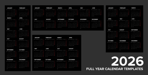 Four different black layouts of full 2026 calendar templates ready to print on your products. Simple minimalistic 2026 calendar layouts design templates.