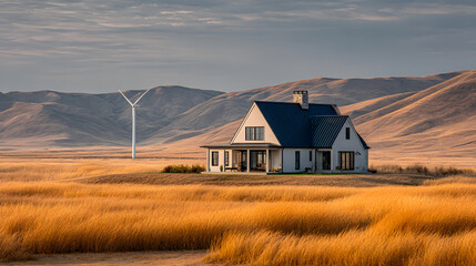 Beige farmhouse with dark roof in golden field near wind turbine