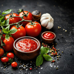 ketchup in bowl and tomatoes parsley and garlic