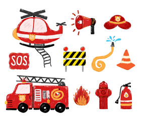 Cute set of red fire engine truck fireman firefighter icons clipart doodle watercolor crayon kids illustration in bright vibrant colors vector collection elements