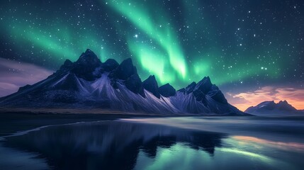 Glowing Aurora Borealis Over Amazing Northern Scenery