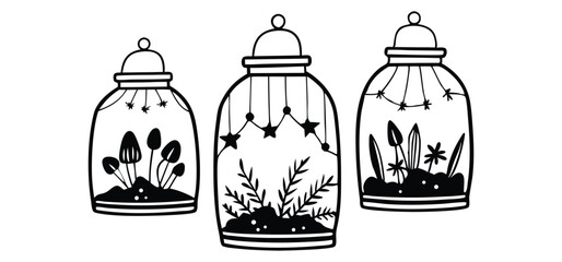 Three black and white stylized terrariums with plants mushrooms and stars vector illustration perfect for design elements.