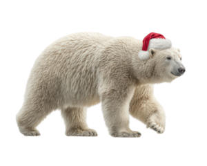 Polar bear white fur Santa hat isolated festive Christmas winter animal walking joyful holiday mammal arctic costume side view celebration cute fluffy December cheerful snow cold large wild nature