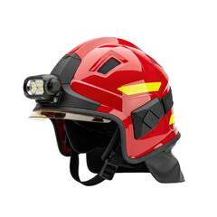 A red firefighter helmet with a headlamp. Useful for safety, emergency, or occupational concepts.