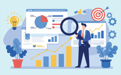 Businessman Analyzing Data and Statistics with Magnifying Glass, Optimizing Business Growth, Marketing Strategy, Financial Performance, and Market Research for Success.