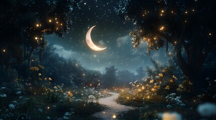 Enchanting Night Sky with Glowing Stars and Crescent Moon