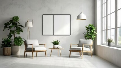 Bright living room with neutral tones, wooden furniture, houseplants, and a double frame, minimalist design with a focus on indoor lifestyle - Powered by Adobe