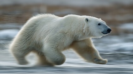 A polar bear races across the ice, showcasing its strength and agility in the Arctic.