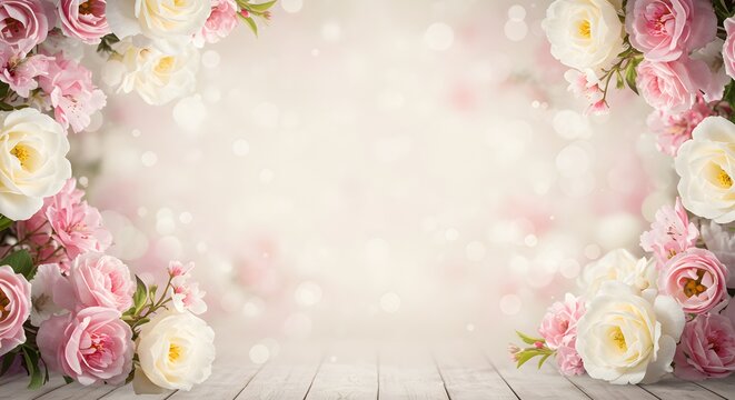 A soft and romantic floral studio backdrop, featuring blooming pink and white flowers with a dreamy bokeh effect and ethereal lighting.