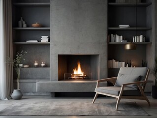 Fototapeta premium Grey chair by fireplace against concrete wall with shelves. Scandinavian home interior