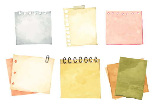 Pastel Notepad and Sticky Notes. Memo Pad for Planner, Office or Back to School. Watercolor Note Paper Illustration.