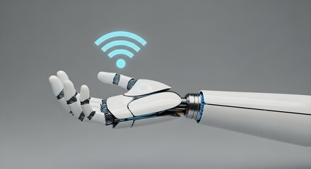 Robotic hand showing a radiating Wi-Fi symbol. Artificial intelligence and internet connection concept for future communication.