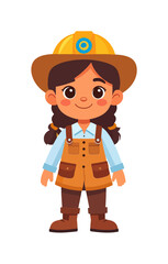 A young miner is depicted with dark hair in braids a brown hat and orange overalls