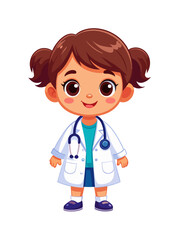 Cartoon of a young girl in a doctors coat holding a stethoscope with brown hair in pigtails fair skin  bright eyes