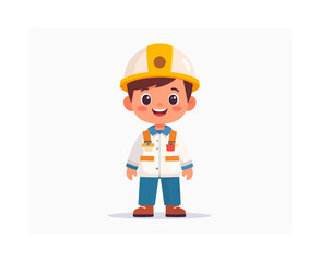 A young cartoon construction worker with a hard hat smiles warmly