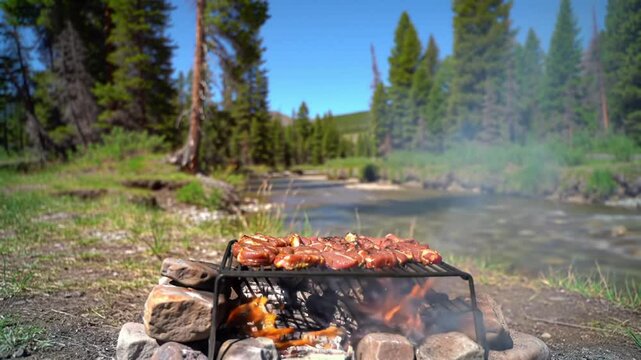 terlihat panggangan api unggun sederhana dari logam dan batu sedang memanggang potongan daging yang sudah dimarinasi di atas api dan bara.Latar belakang menunjukkan pemandangan hutan dengan sungai.