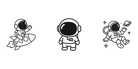 Cute cartoon astronauts exploring space with rocket planets and stars © MDOmar