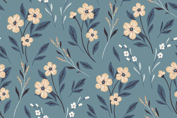 Seamless floral pattern, abstract ditsy print in vintage style. Elegant botanical wallpaper, textile design in blue. Small hand drawn wild flowers, tiny twigs, leaves. Vector illustration.