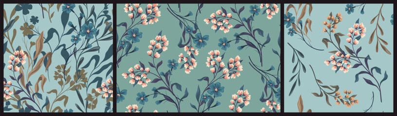 Seamless floral pattern, abstract nature print with wild plants in vintage style. Elegant botanical design of small hand drawn flowers on branches, leaves, wild plants, blue field. Vector illustration