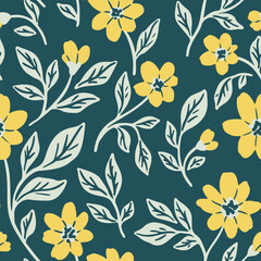 Seamless floral pattern, abstract ditsy print of simple hand drawn flowers branches. Decorative botanical design in vintage motif. Small yellow flowers, branches, leaves on blue. Vector illustration.