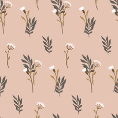 Seamless floral pattern, delicate autumn floral print with simple wild plants. Elegant botanical design in vintage motif. Small hand drawn flowers, leaves on beige background. Vector illustration.