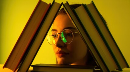 Young caucasian female with glasses behind books in yellow light