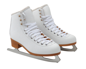 White ice skate shoe pair leather texture wooden heel metal blade isolated on transparency background classic style winter sport elegant and clean appearance