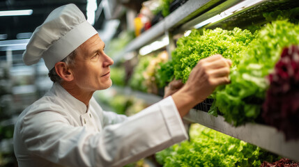 Chef inspecting vegetables in kitchen inventory for food safety and quality control in hotel restaurant