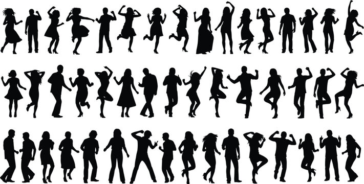 Dancing people silhouettes, dance poses vector, energetic movement illustration, happy dancers group, party celebration clipart, performing arts shadow, lifestyle fun motion, 