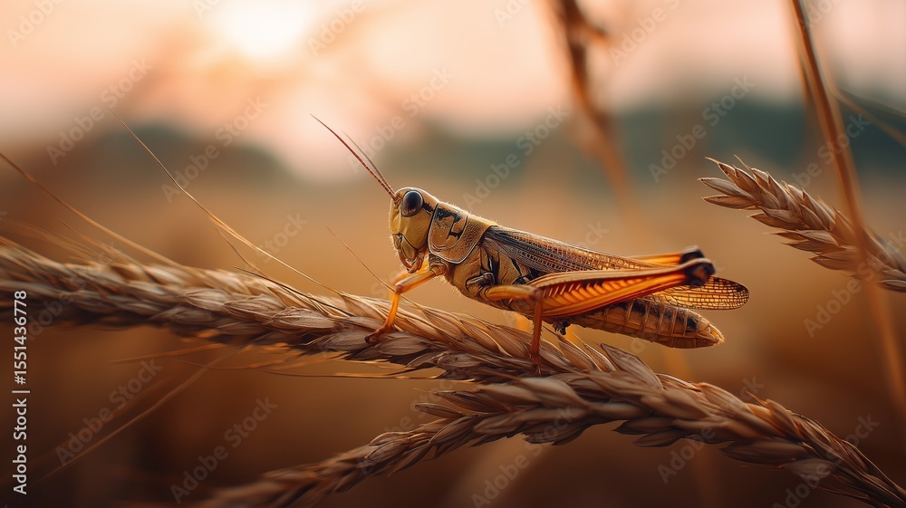 Poster A grasshopper rests on a wheat stalk while the sun sets, creating a warm glow over the field.