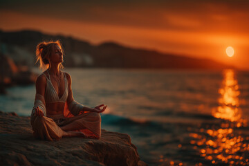 Young girl or people pose balance body vital zen and meditation workout and fitness sport outdoor sunset near the beach