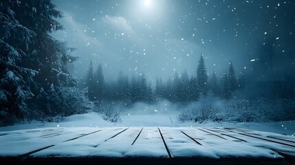 Snowy Winter Landscape with Wooden Table for Holiday Background