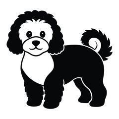 Whimsical Poodle Illustration Cute Black and White Cartoon Dog with Fluffy Fur and a Curled Tail Standing Comfortably