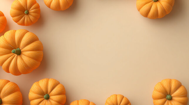 Pumpkin orange vegetable autumn harvest round seasonal festive arrangement top view create cheerful and warm feeling with mini pumpkins in circular pattern on beige background