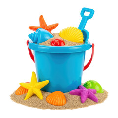 A vibrant blue sand bucket is filled with sand and colorful plastic beach toys including shovels, starfish, and seashells, ready for summer play.