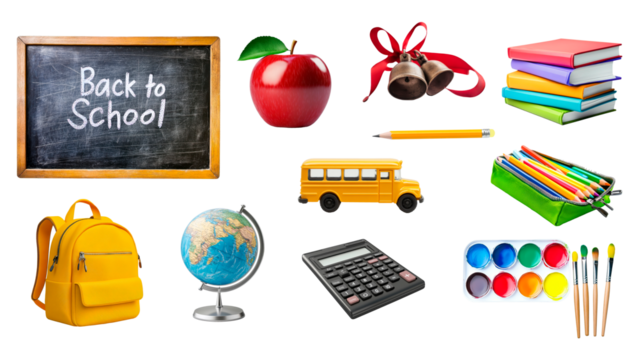 Back to school essentials: chalkboard, books, apple, stationery, and more isolated on transparent png background