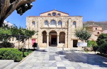Exterior view of the Panagia Ekatontapiliani (the church with 100 gates), a historic Byzantine church complex in Parikia town, on the island of Paros in Greece.